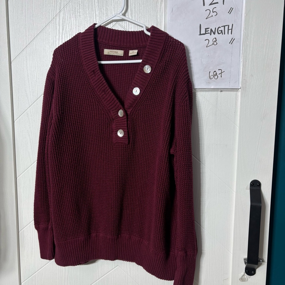 Natural Reflections Burgundy Henley Waffle Knit Shaker Stitch Sweater Size 2XL‎